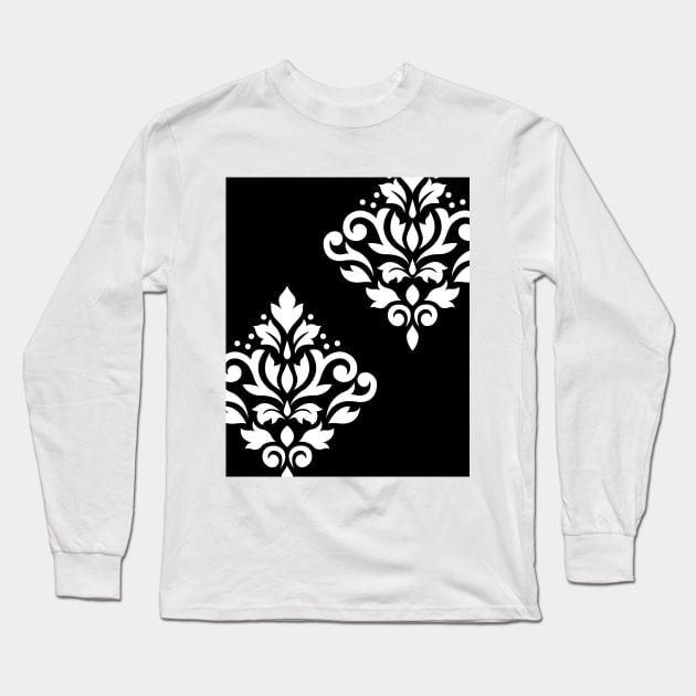 Scroll Damask Art I White on Black Long Sleeve T-Shirt by NataliePaskell